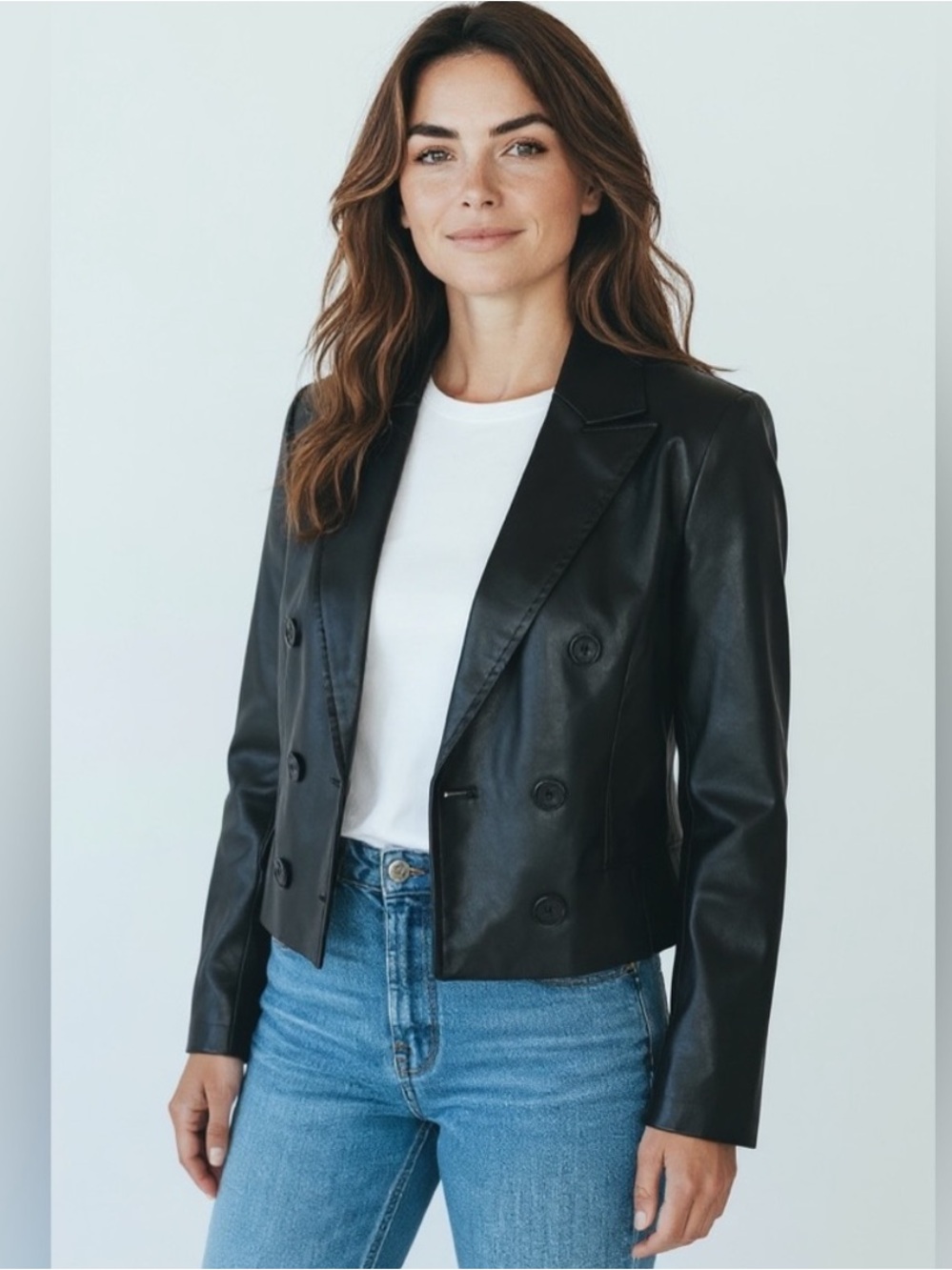 Evereve Elizabeth St Faux Leather Double Breasted Vegan Blazer Large